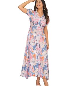 Women's Floral Maxi Dress | Short Sleeve Button-Down Long Dress | Elegant Collared A-Line Casual Dress | Lightweight Summer Vacation Dress for Women