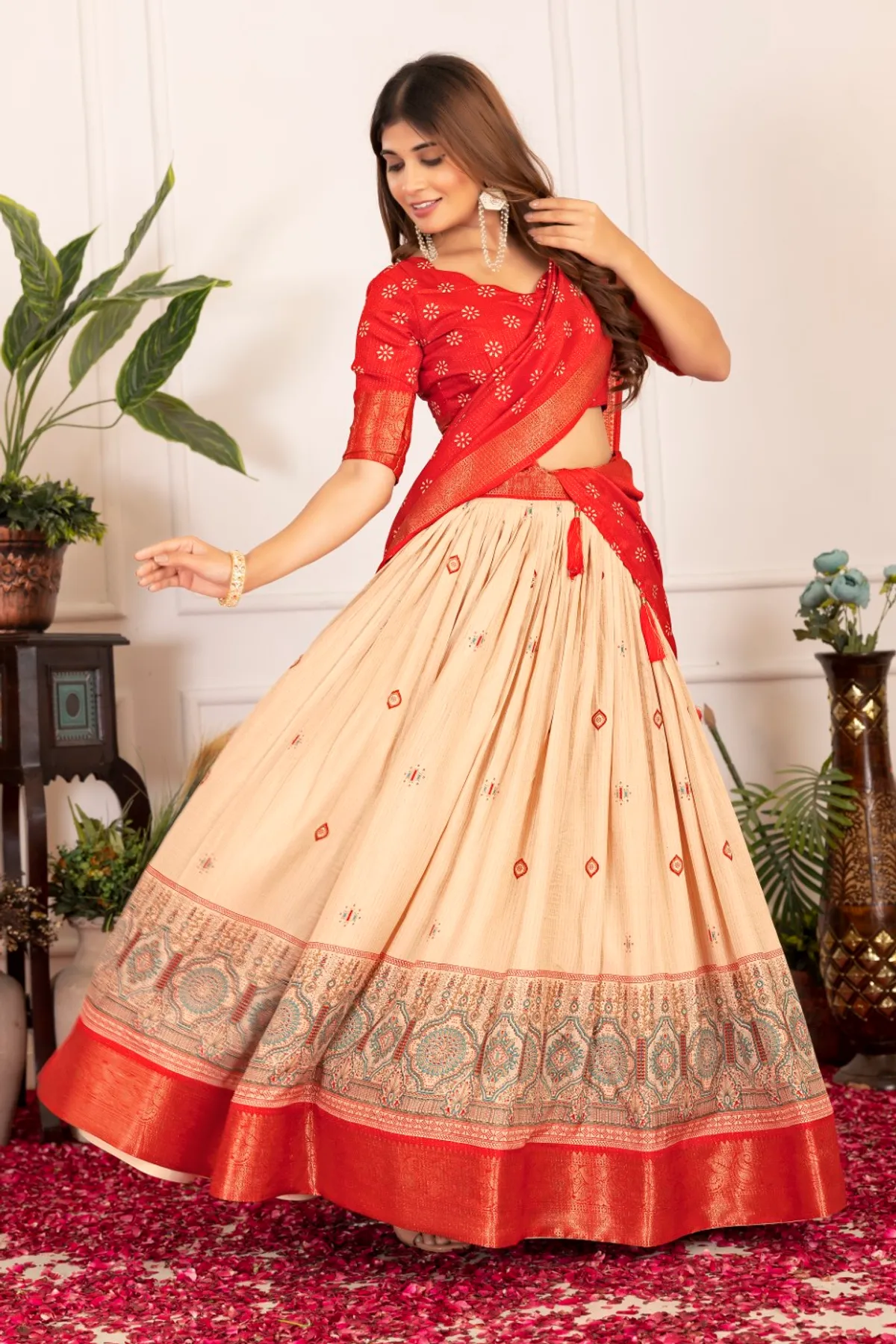 Red Tasar Silk Printed Flared Lehenga Choli For Women - Image 4