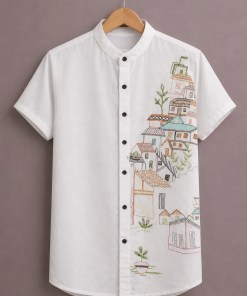 Fabzone™ Premium Minimal Printed White Shirt for Men – Artistic Village Design Half Sleeve Casual Shirt