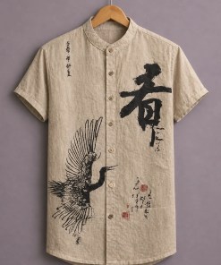 Fabzone™ Premium Japanese Art Printed Shirt for Men – Crane Graphic Designer Half Sleeve Casual Shirt
