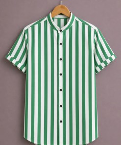 Fabzone™ Premium Vertical Stripe Shirt for Men – Green & White Designer Half Sleeve Casual Shirt