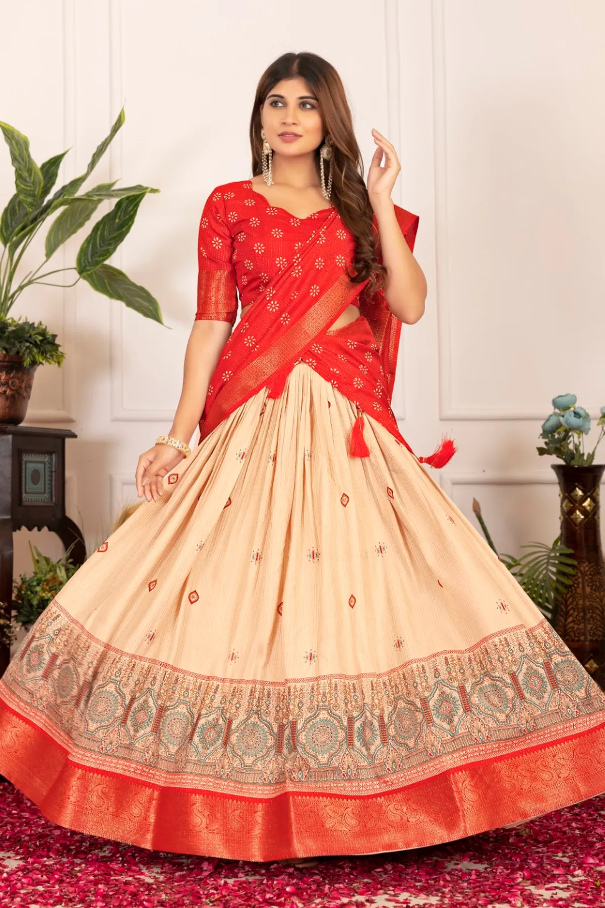 Red Tasar Silk Printed Flared Lehenga Choli For Women - Image 3