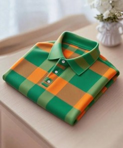 Men's Business Casual Orange and Green Plaid Button Short Sleeve  Shirt