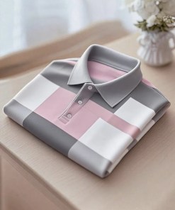 Men's Business Casual Grey and Pink Button Short Sleeve Shirt