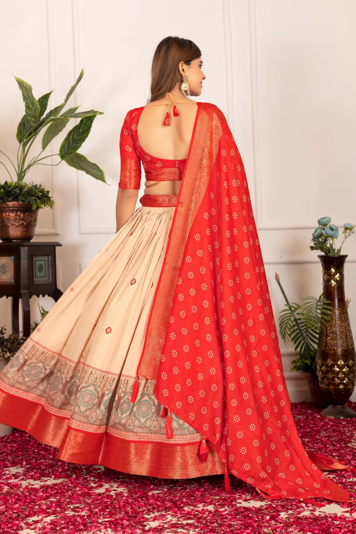 Red Tasar Silk Printed Flared Lehenga Choli For Women - Image 5