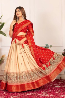 Red Tasar Silk Printed Flared Lehenga Choli For Women