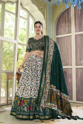 green Tasar Silk Printed Flared Lehenga Choli For Women