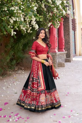 Black Tasar Silk Printed Flared Lehenga Choli For Women