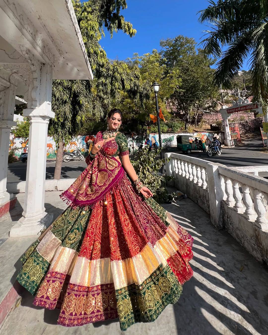 Green-Red Color Trendy Printed Mirror Work Navratri Lehenga Choli - Image 4